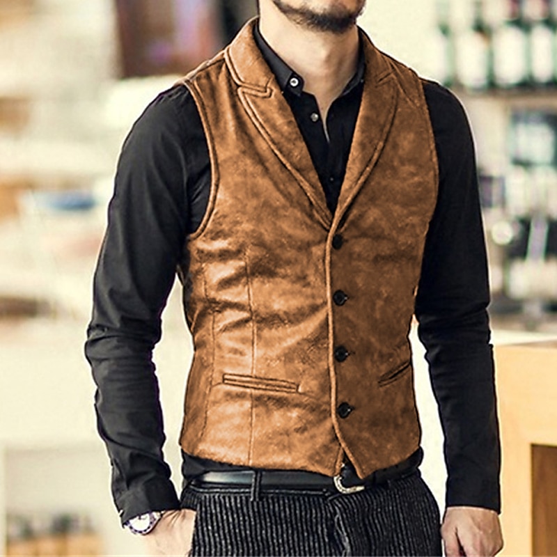 Men's Suede Vest Wedding Street Holiday Going out Vintage Style Casual Fall Winter Pocket Suede Warm Pure Color Single Breasted V Neck Regular Fit Black Brown Vest