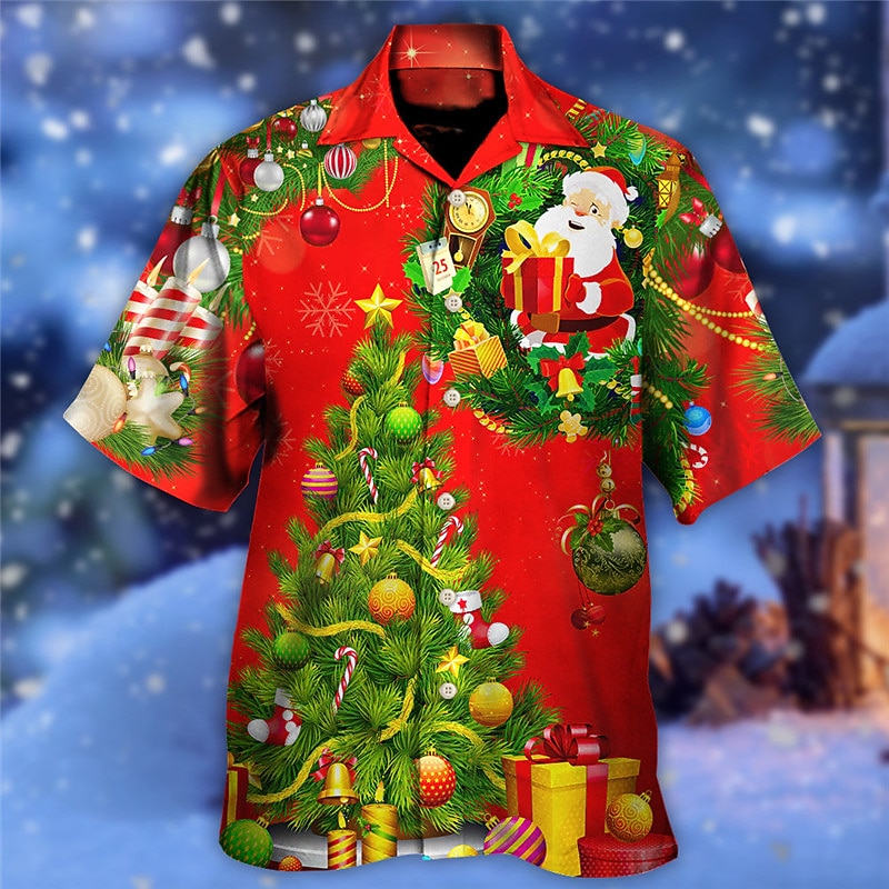 Christmas Men's Christmas tree Printed Shirts Shirts Tree Santa Claus Snowman Graphic Prints Turndown Blue Red Light Blue 3D Print Street Short Sleeve Button-Down Print Clothing Apparel Fashion4