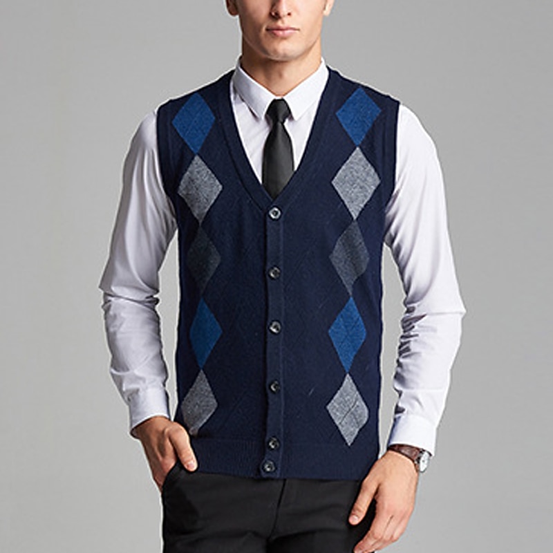 Men's Sweater Vest Dress Sweater Wool Sweater Ribbed Knit Knitted Button-Down Patchwork V Neck Modern Contemporary British Daily Wear Going out Clothing Apparel Sleeveless Spring &  Fall Dark Navy