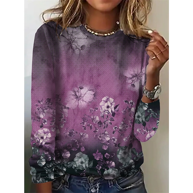 Women's T shirt Crew Neck Long Sleeve Tunic Vintage Basic Butterfly Print Regular Tops Round Neck Daily Weekend Pink Blue Purple Brown Green Fall & Winter3