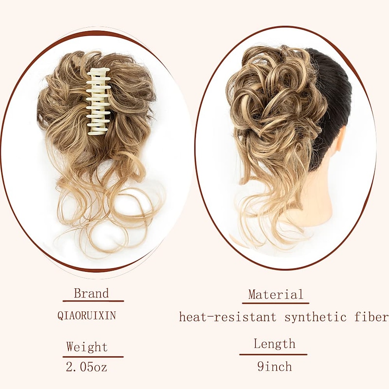 Messy Hair Bun Hairpiece for Women Clip in Claw Hair Pieces Synthetic Chignon Super Long Tousled Updo Hair Bun Extensions Wave Curly Hairpieces for Daily Wear(12/24)2