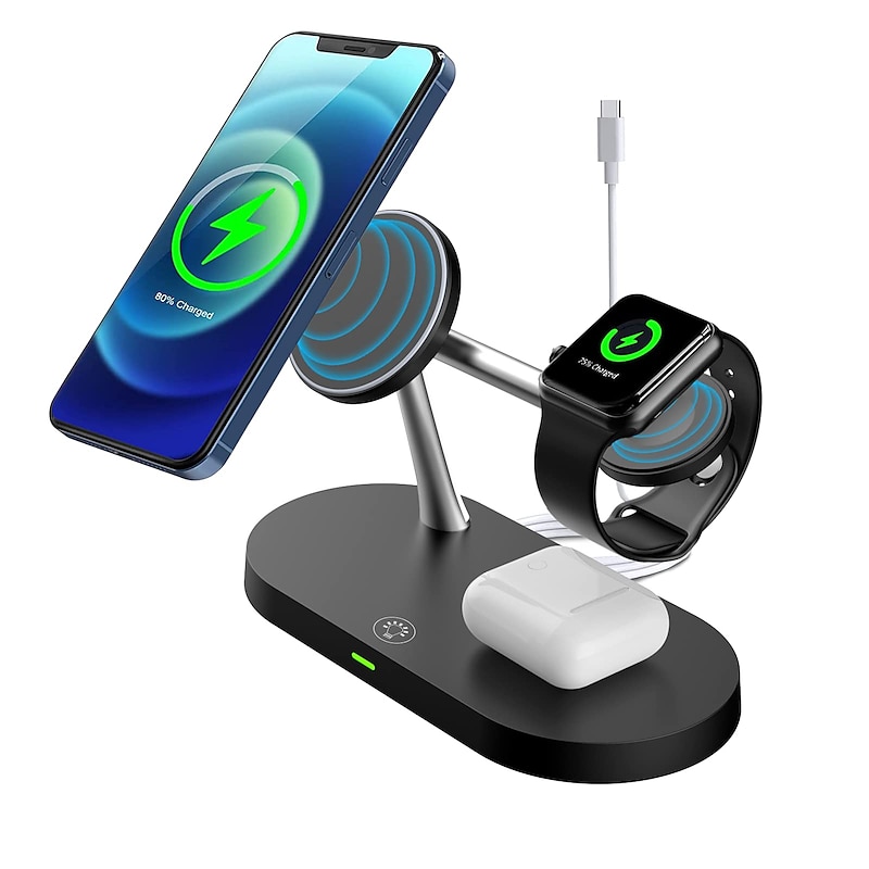 5 in 1 Magnetic Wireless Charger Stand, 15W Qi Fast Charging Dock Station Holder LED Night Light Compatible with Magsafe iPhone 15/14/13/12 Pro Max Mini, iWatch Ultra/SE/8/7/6/5/4/3/2, AirPods 3/2/Pro