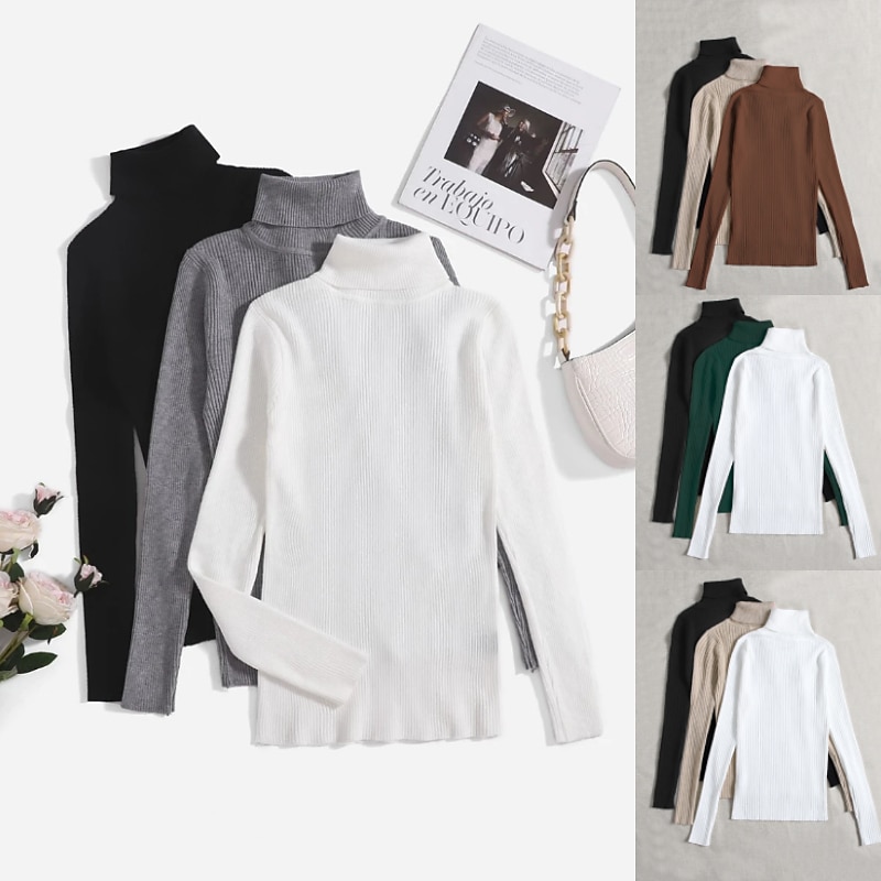 Women's Pullover Sweater Jumper Basic Casual Solid Color Ribbed Turtleneck Knitted Thin Long Sleeve Knit Daily Black+White+Gray Black+Apricot+Brown Fall Winter