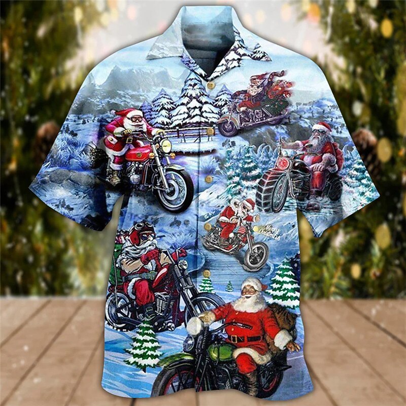 Christmas Men's Santa Claus Printed Shirts Shirts Santa Claus Graphic Prints Ugly Motorcycle Turndown Blue 3D Print Street Short Sleeve Button-Down Print Clothing Apparel Fashion Designer Casual