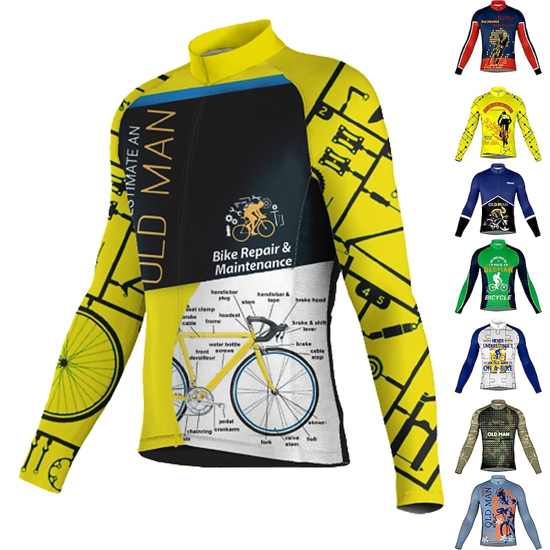 Men's Cycling Jersey Graphic Long Sleeve Bike Jersey Top with 3 Rear Pockets Mountain Bike MTB Road Bike Cycling Quick Dry Reflective Strips Back Pocket Moisture Wicking Sports White Yellow Army Green