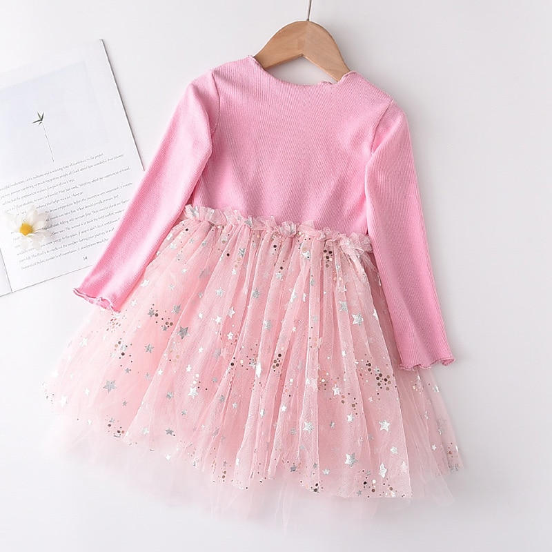 Kids Girls' Dress Animal Cartoon Long Sleeve Sequins Patchwork Basic Cotton Knee-length Tulle Dress 2-8 Years Black Pink Purple4