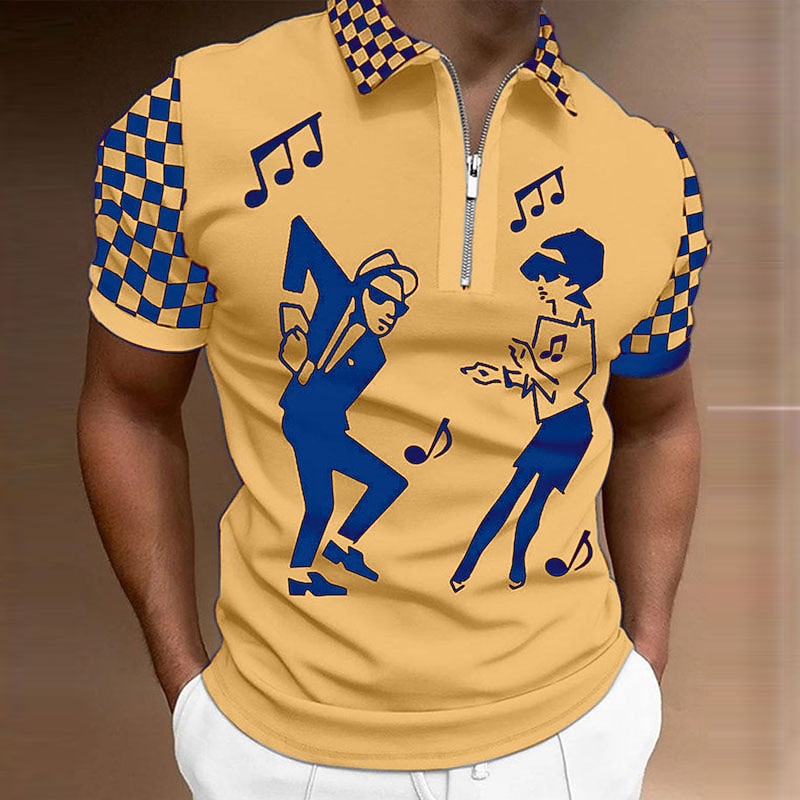 Music Festival Men's Plaid Music Zip Polo Shirts Golf Shirt Short Sleeve Polo Shirts Collared Shirts Casual Vacation Wear Festival Wear Party Outfits 3D Print Quarter Zip Polo White Yellow Navy Blue3