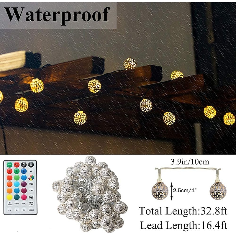 10M Light String Iron Morocco Ball Lamp Fairy Globe Lamp 16 Color Change Switching Remote Control Christmas Holiday Lights Creative Party Holiday  Dimming Timing  USB Power Supply   1 set3