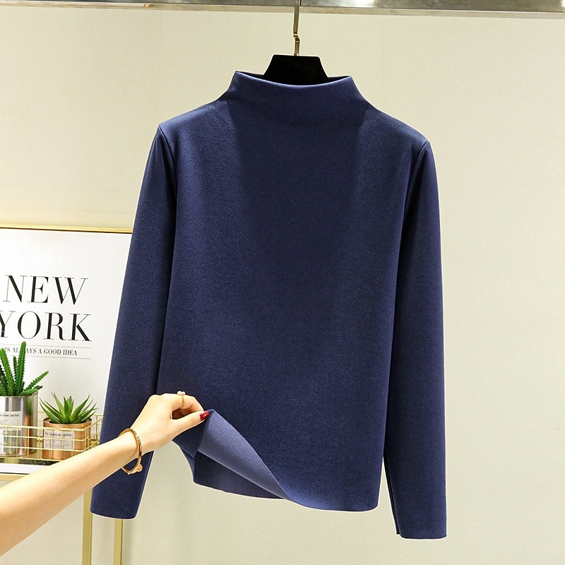 Women's Undershirt Bottoming Shirt Solid Color Warm Fuzzy Sherpa Fleece Long Sleeve Turtleneck Pile Neck Regular Tops Street Casual Black Yellow Pink Navy Blue Khaki Fall & Winter2