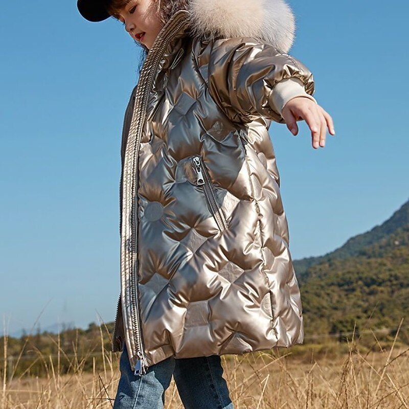 Kids Girls' Down Coat Puffer Jacket Solid Color Active Outdoor Cotton Coat Outerwear 4-12 Years Fall Black Golden Sky Blue4