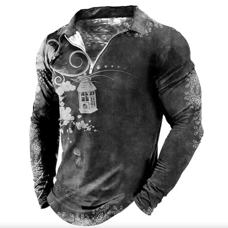 Christmas Men's Christmas Scene 3D Zipper Polo Golf Floral Graphic Prints Turndown Yellow Pink Wine Green Gray 3D Print Street Casual Long Sleeve Zipper Print Clothing Apparel Fashion Designer Casual4