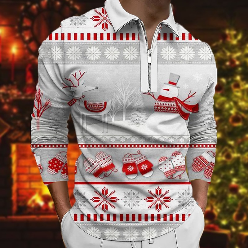 Christmas Men's Santa Claus 3D Zipper Polo Golf Santa Claus Turndown Light Green Red Green Gray 3D Print Street Casual Long Sleeve Zipper Print Clothing Apparel Fashion Designer Casual Breathable2