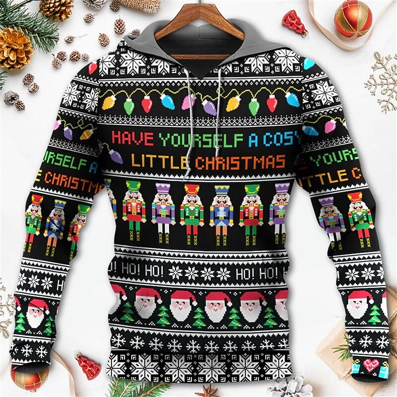 Christmas Men's Christmas Scene 3D Hoodies Pullover Black Gray Hooded Santa Claus Graphic Prints Snowflake Print  Daily Sports 3D Print Basic Streetwear2