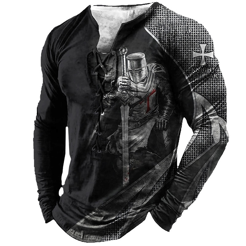Men's T shirt Tee Tee Graphic Templar Cross Henley Black Light Brown Brown Dark Gray 3D Print Knight Plus Size Outdoor Street Long Sleeve Lace up Print Clothing Apparel Designer Stylish Vintage Basic3