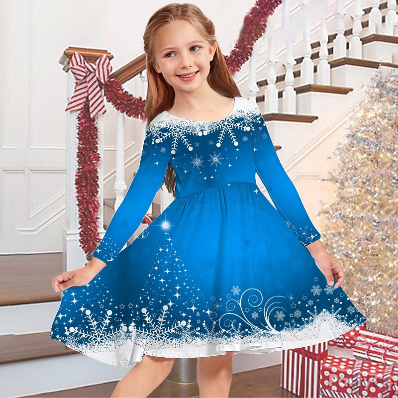 Kids Girls' Christmas Dress Dress Snowflake Dress Snowflake Long Sleeve Casual Crewneck Adorable Daily Polyester Above Knee Casual Dress Swing Dress A Line Dress Fall Winter 3-10 Years White Pink Wine2