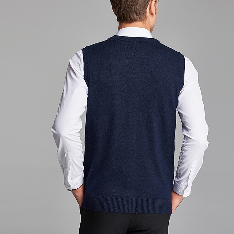 Men's Sweater Vest Dress Sweater Wool Sweater Ribbed Knit Knitted Button-Down Patchwork V Neck Modern Contemporary British Daily Wear Going out Clothing Apparel Sleeveless Spring &  Fall Dark Navy2