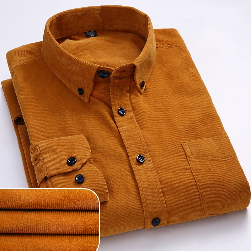 Men's Shirt Dress Shirt Button Down Shirt Corduroy Shirt Plain Wedding Going out Black Red Light Brown Blue Long Sleeve Turndown Spring &  Fall Clothing Apparel Pocket3