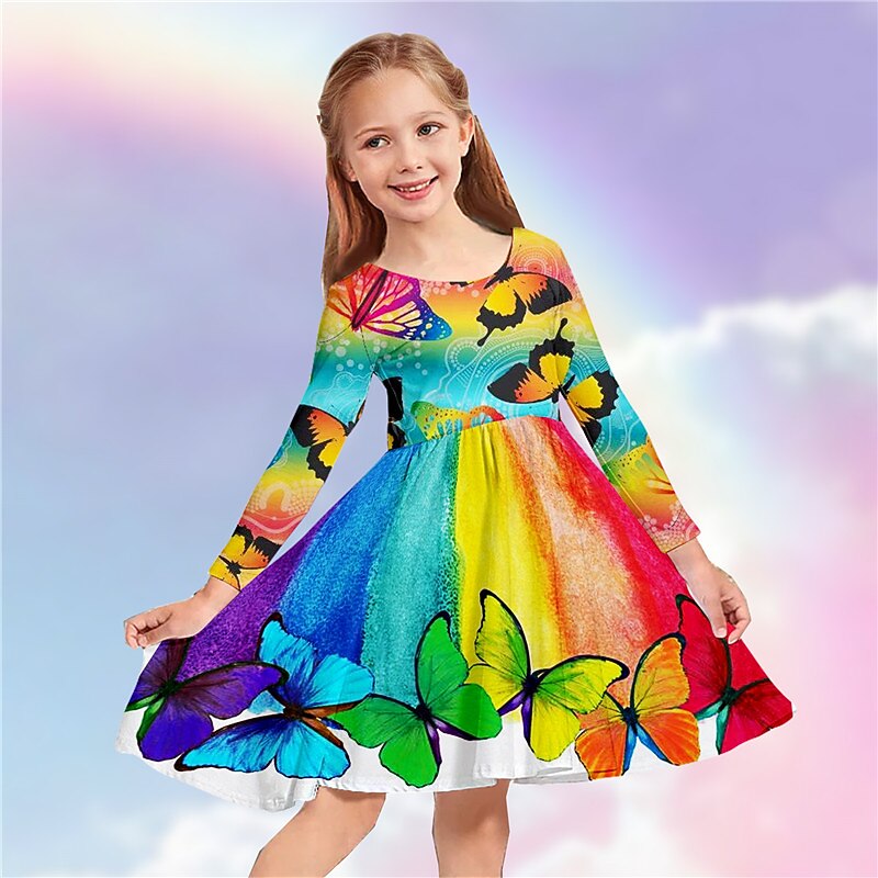 Kids Girls' Dress Animal Rainbow Butterfly Long Sleeve Casual Crewneck Adorable Daily Polyester Above Knee Casual Dress Swing Dress A Line Dress Fall Winter 3-10 Years Multicolor