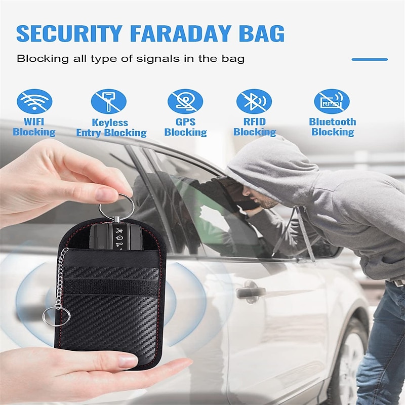 Faraday Bag for Key Fob(2 Pack) Faraday Cage Protector Car RFID Signal Blocking Key Fob Protector Double-Layers of Shielding Carbon Fiber Material Anti-Theft Faraday Pouch2