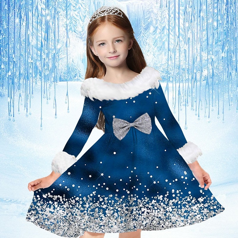 Kids Girls' Dress Snowflake Dress Snowflake Long Sleeve Casual Fur Trim Crewneck Adorable Daily Polyester Above Knee Casual Dress Swing Dress A Line Dress Fall Winter 2-13 Years Navy Blue Blue