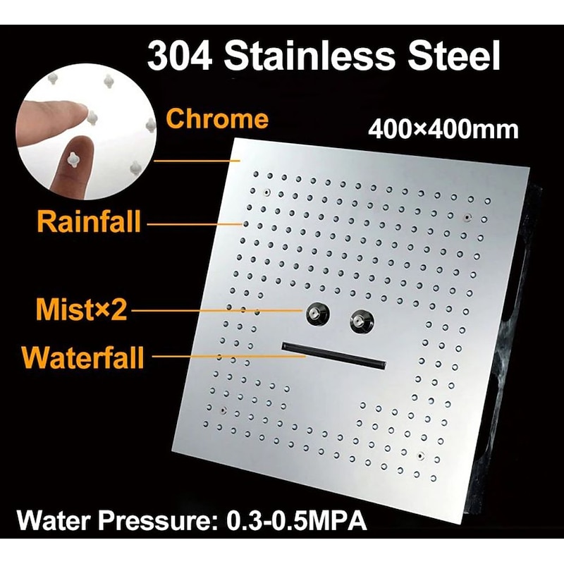 Concealed Rainfall Shower Head 400*400mm LED Light, 16 Inch Ceiling Rainfall Showerhead 304 Stainless Steel, Rain Shower 3 Functions Led Showerhead Square Spa Waterfall Showers Panel2