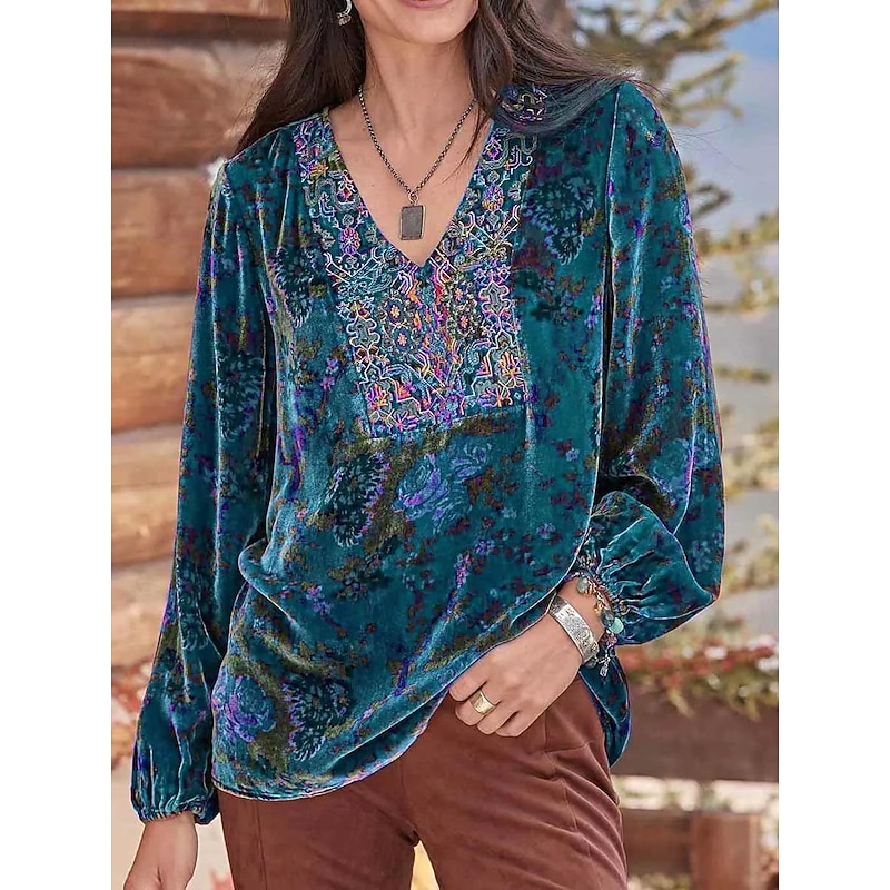 Women's Shirt Boho Shirt Blouse Velvet Basic Floral Print Long Sleeve Regular Tops V Neck Party New Year Yellow Red Purple Gray Spring Fall