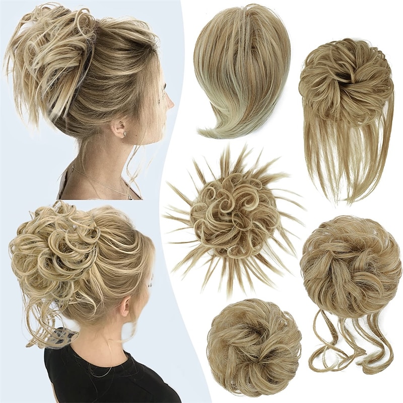 5 Pieces Messy Hair Bun Hairpiece Tousled Updo for Women Hair Extension Ponytail Scrunchies with Elastic Rubber Band Long Updo Messy Hairpiece Hair Accessories Set for Women