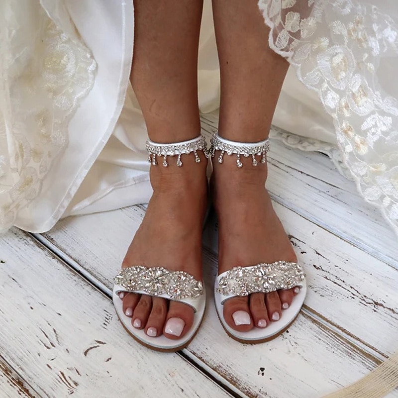 Women's White Rhinestone Flat Sandals – Elegant Bridal Beach Wedding Shoes with Ankle Strap3
