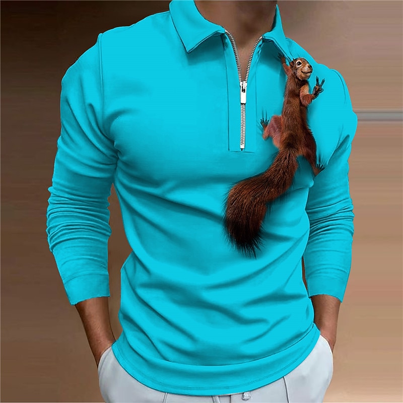 Men's Squirrel Zip Polo Shirts Golf Shirt Long Sleeve Polo Shirts Collared Shirts Casual Funny Streetwear Vacation Wear Party Outfits 3D Print Quarter Zip Polo White Yellow Red2