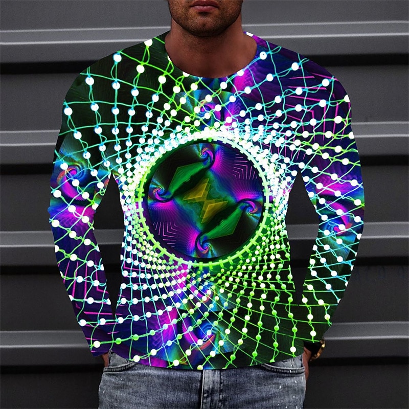 Men's Optical Illusion Graphic Prints T Shirt Long Sleeve T shirt 3D Print Crew Neck Shirt Sports Designer Basic Outdoor Street Daily Light Green Fuchsia Green Spring &  Fall Clothing Apparel S M L3