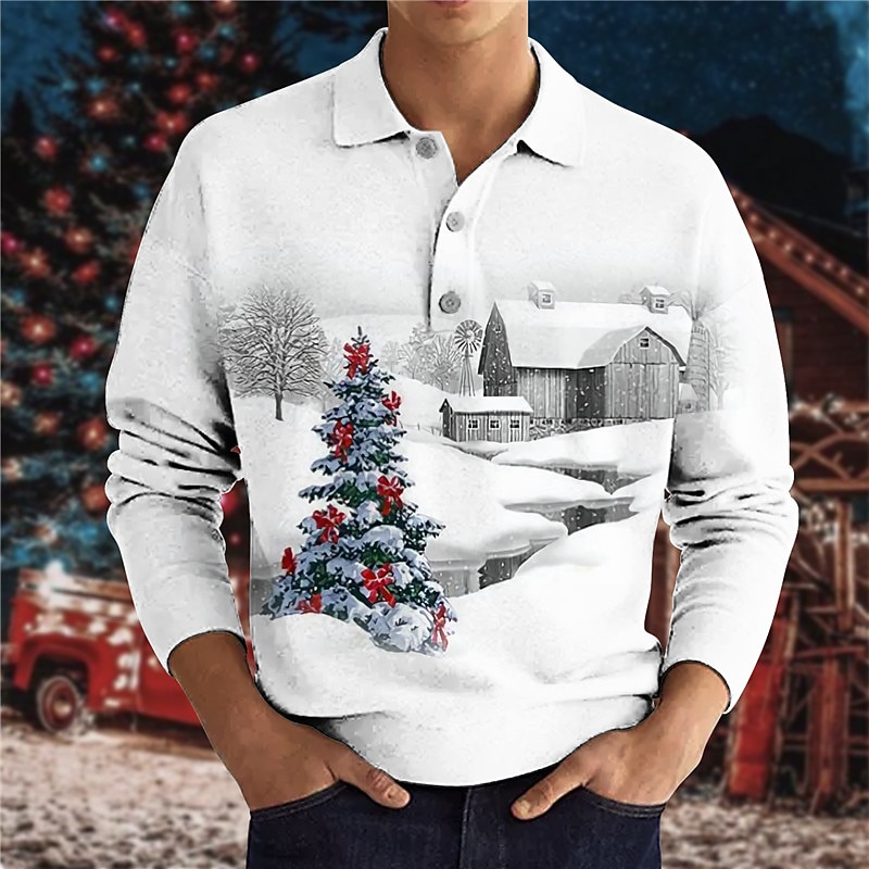 Christmas Men's Christmas Scene 3D Polo Golf Tree Graphic Prints House Turndown Yellow Blue Purple Green Gray 3D Print Street Long Sleeve Print Button-Down Clothing Apparel Fashion Designer Casual2