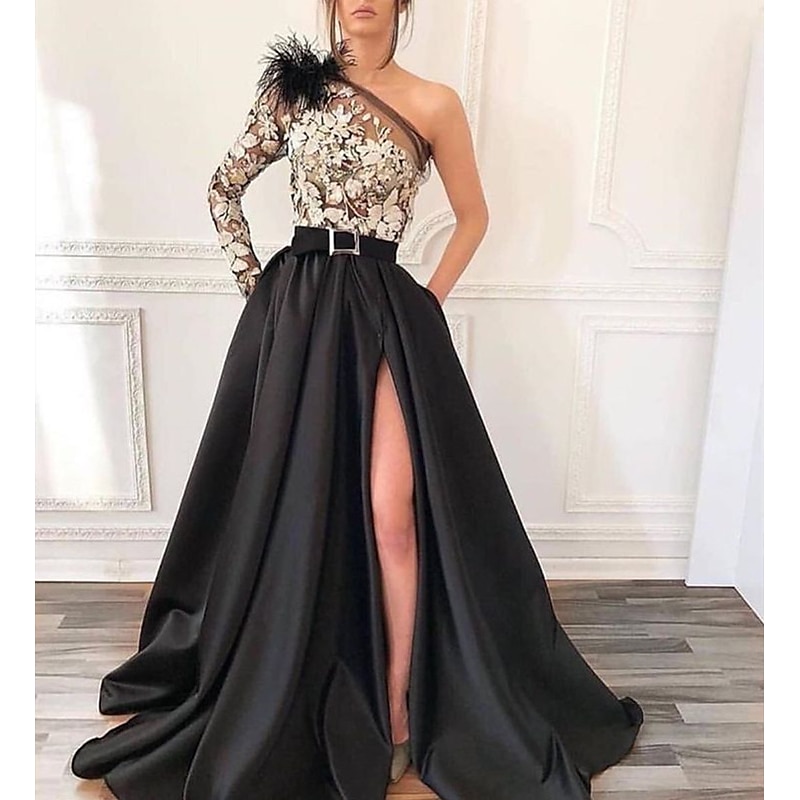 A-Line Black Evening Gown Vintage Dress Formal Wedding Guest Court Train Long Sleeve One Shoulder Satin with Feather Slit