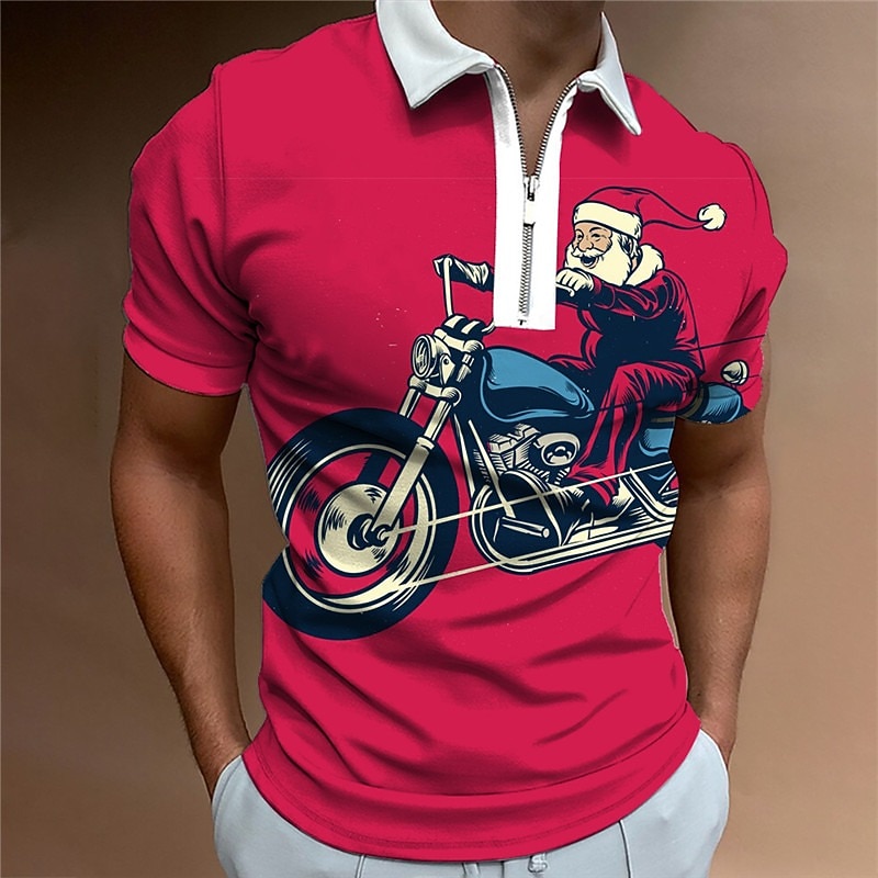 Christmas Men's Santa Claus 3D Zipper Polo Golf Santa Claus Letter Graphic Prints Ugly Motorcycle Turndown White+Red Black White Red Navy Blue 3D Print Street Short Sleeves Print Zipper Clothing2