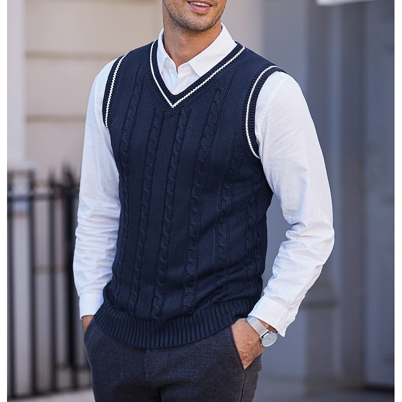 Men's Sweater Vest Pullover Sweater Jumper Cable Knit Layered Glitter Solid Color V Neck Ethnic Style Vintage Style Daily Drop Shoulder Winter Fall Black Blue S M L