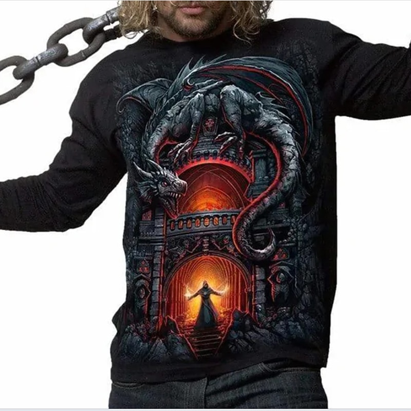Men's Dragon Graphic Prints T Shirt Long Sleeve T shirt 3D Print Crew Neck Shirt Vintage Sports Designer Outdoor Street Casual Black Spring &  Fall Clothing Apparel S M L XL XXL 3XL3