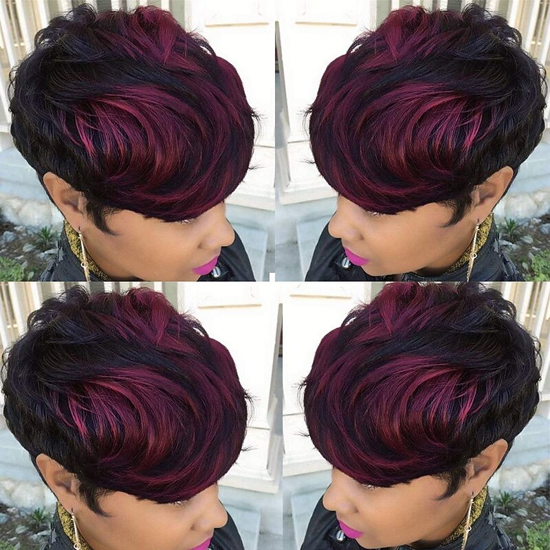 Ombre Red Pixie Wig Short Layered Natural Synthetic Wig with Bangs Short Ombre burgundy Pixie Cut Hair Wigs For Women Short Wigs For Black Women African American Women Wigs4