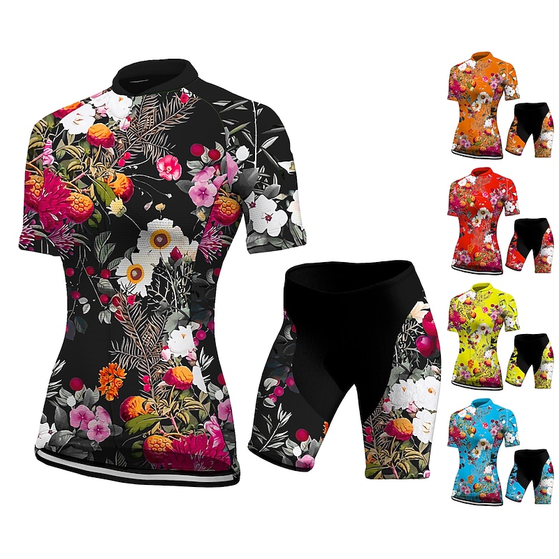 21Grams Women's Cycling Jersey Set Short Sleeve Cycling Jersey with Shorts Reflective Strips Moisture Wicking Summer Black Green Floral Botanical Funny Bike Clothing Suit 3D Pad Breathable Quick Dry4