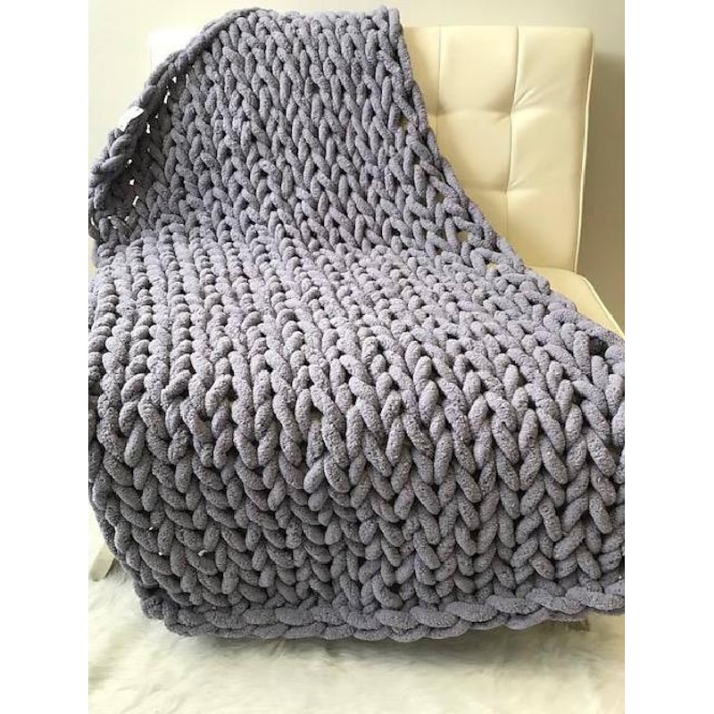 Chunky Knit Throw Blanket Soft Luxury Chenille Yarn Blanket for Farmhouse Boho Decor,Handmade Tight Braided Thick Cable Knit Throw for Bed,Couch,Light Grey3