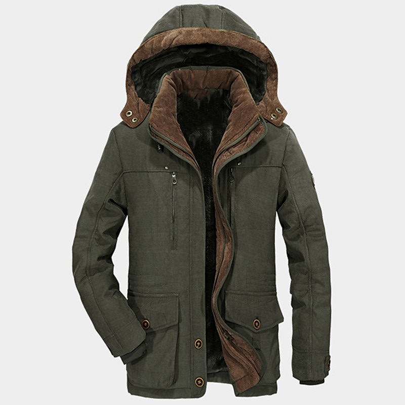Men's Winter Coat Fleece Jacket Parka Zipper Pocket Detachable Hood Daily Wear Vacation Going out Comfort Leisure Warm Winter Solid / Plain Color Camel Green khaki Dark Blue Puffer Jacket