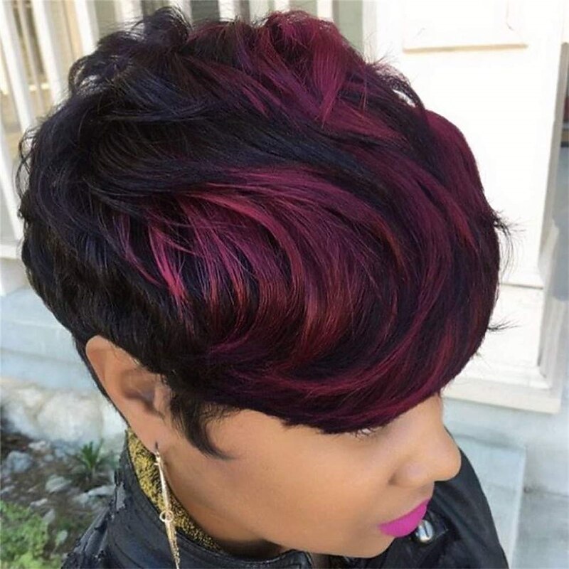 Ombre Red Pixie Wig Short Layered Natural Synthetic Wig with Bangs Short Ombre burgundy Pixie Cut Hair Wigs For Women Short Wigs For Black Women African American Women Wigs