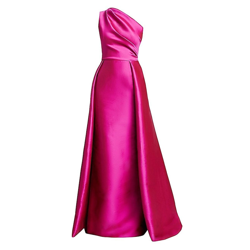 Beach Wedding Sheath Evening Gown Elegant Dress Wedding Guest Cocktail Party Floor Length Sleeveless One Shoulder Satin with Overskirt Pure Color4