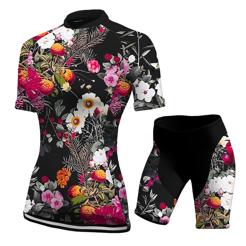 21Grams Women's Cycling Jersey Set Short Sleeve Cycling Jersey with Shorts Reflective Strips Moisture Wicking Summer Black Green Floral Botanical Funny Bike Clothing Suit 3D Pad Breathable Quick Dry