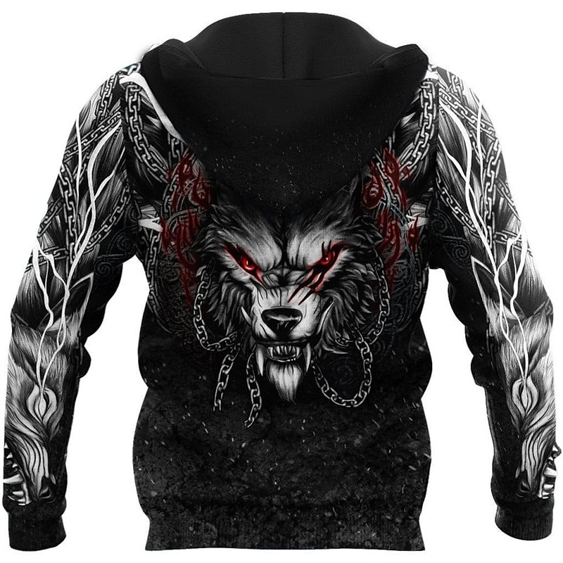 Men's Animal Wolf Graphic Prints Viking Hoodie Hoodies Sweatshirt Streetwear Designer Long Sleeve Hooded Sports & Outdoor Daily Sports Black Zipper Print Spring &  Fall Designer2
