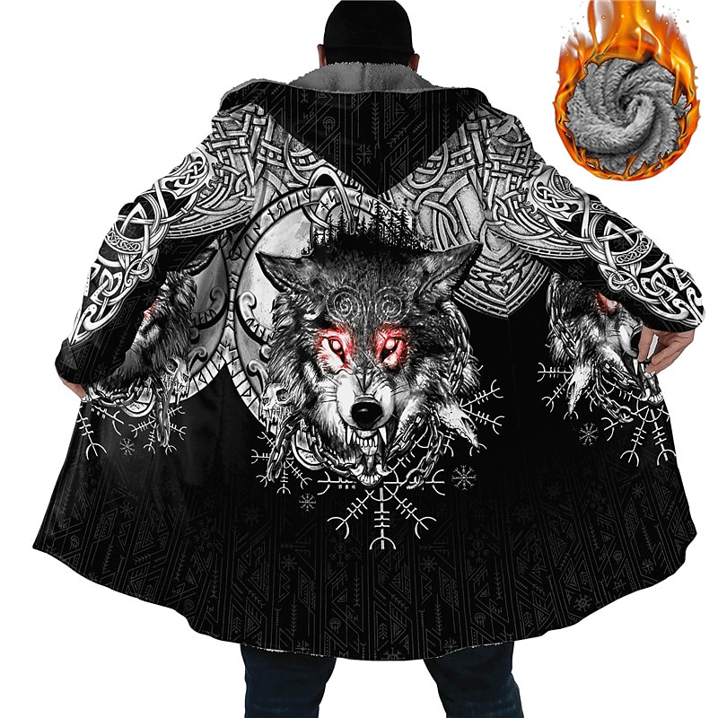 Men's Animal Wolf Winter Coat Fleece Jacket Coat Warm Comfortable Breathable Fashion Streetwear Sport Sports & Outdoor Daily Wear Going out Zipper Pocket Print Fall & Winter Hoodie Long Sleeve Black