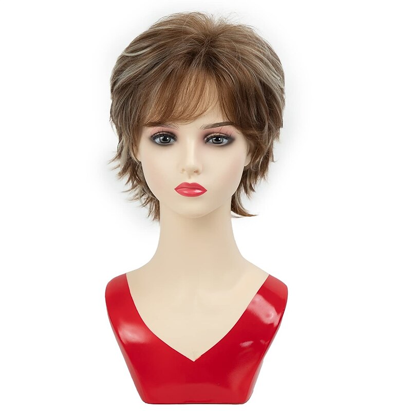 Short Brown Curly Wigs with Blonde Highlight Brown Pixie cut Wavy Wigs for White Women Layered Synthetic Full Wigs for Daily Party3