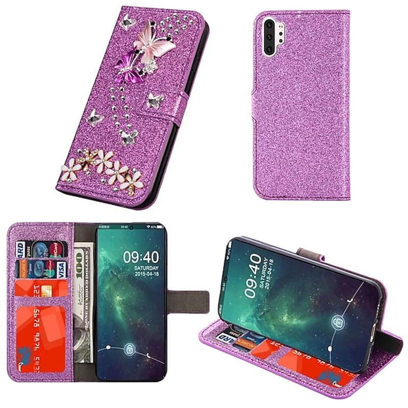 Phone Case For Samsung Galaxy S25 S24 S23 S22 S21 FE S21 Ultra Plus A55 5G A35 5G A25 A15 Wallet Case Rhinestone Magnetic Glitter Shine Butterfly Glitter Shine PU Leather3