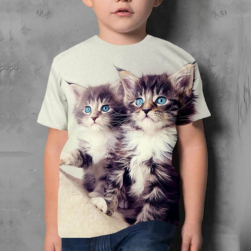 Kids Boys T shirt Tee Animal Cat Short Sleeve Crewneck Children Top Casual 3D Print Adorable Daily Summer Black 3-12 Years4