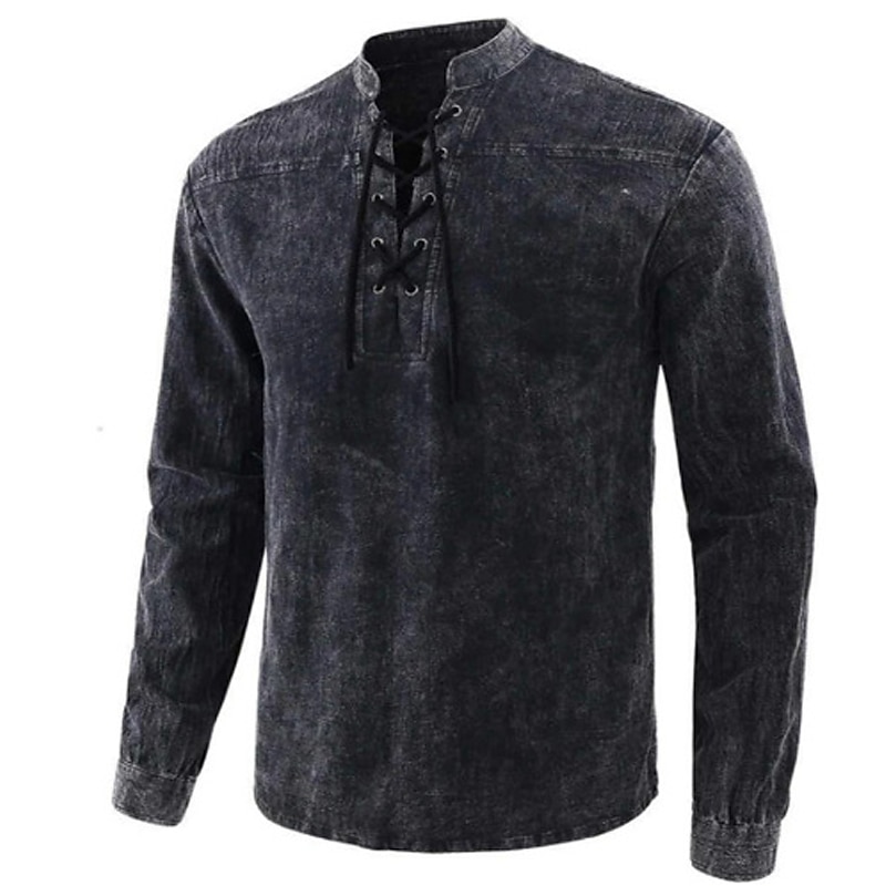 Men's Shirt Summer Shirt Band Collar Shirt Black Light Green Army Green Red Navy Blue Long Sleeve Plain Standing Collar Casual Daily Lace up Clothing Apparel Denim Fashion Streetwear Classic2