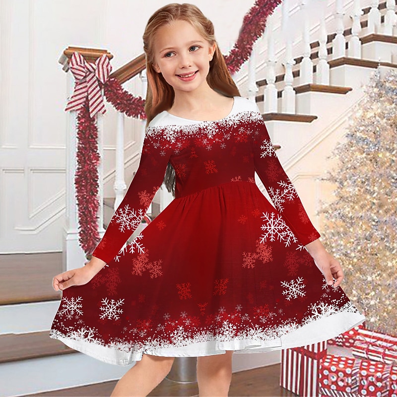 Kids Girls' Christmas Dress Dress Snowflake Dress Snowflake Long Sleeve Casual Crewneck Adorable Daily Polyester Above Knee Casual Dress Swing Dress A Line Dress Fall Winter 3-10 Years White Pink Wine3