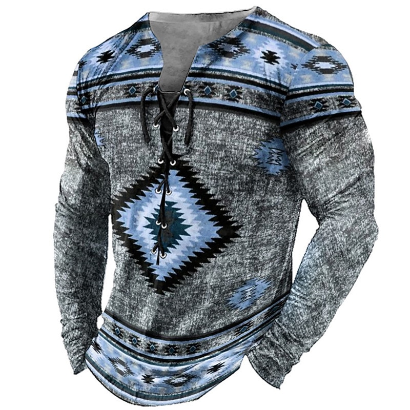 Men's T shirt Tee Tee Graphic Tribal Collar Black Light Green Pink Navy Blue Blue 3D Print Outdoor Street Long Sleeve Lace up Print Clothing Apparel Designer Stylish Vintage Basic2